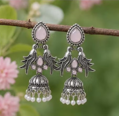 Pink Stone Peacock Jhumka